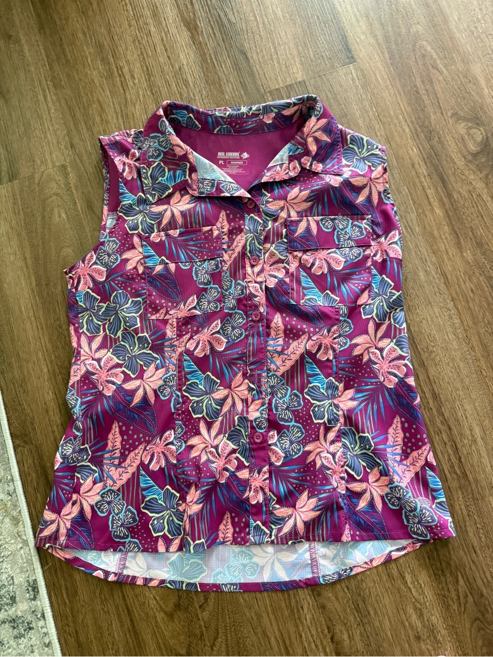 Reel Legends Sleeveless Floral Button-Down Top in Magenta and Pink